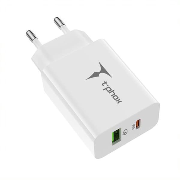 VÄGGLADDARE T-PHOX SPEEDY USB-C 20W + USB 18W QC 3 0 vit vit