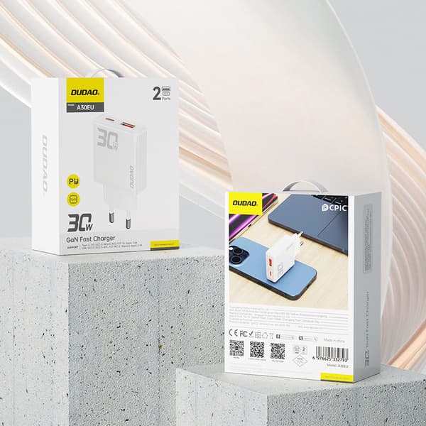 Dudao A30EU-adapter 30 Watt GaN 1xUSB-C 1xUSB-A (USB-C till USB-C-kabel ingår)