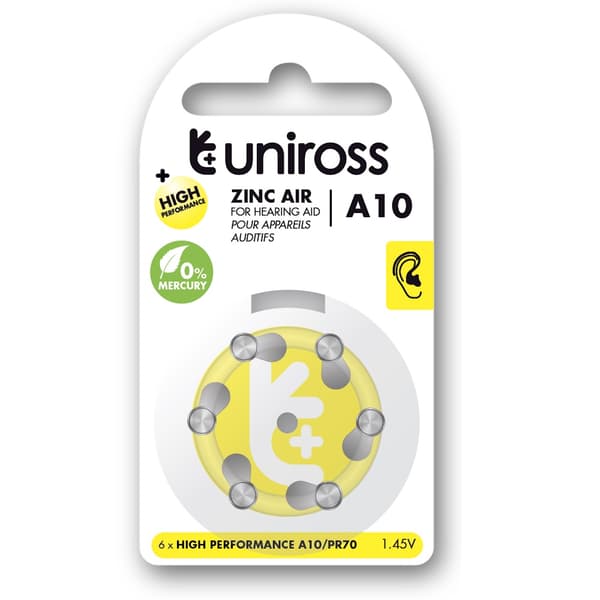 Uniross A10 Knapcellebatterier till höreapparat 86mAh, 6 st.