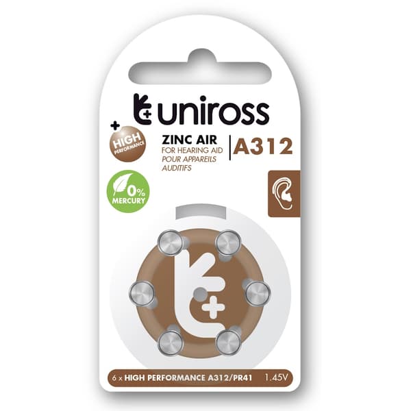 Uniross A312 Knapcellebatterier till höreapparat 148mAh, 6 st.