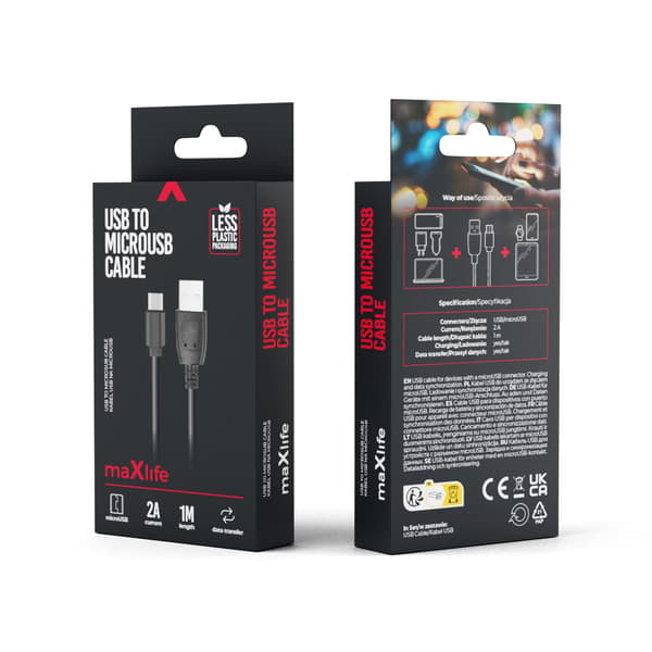 Maxlife-kabel USB - microUSB 1,0 m 2A svart svart