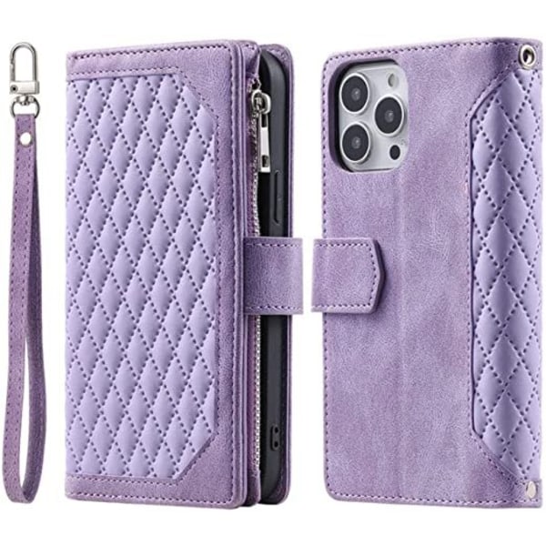 Long Lanyard läder fodral för iphone 14 med 7 kortplatser lila lila