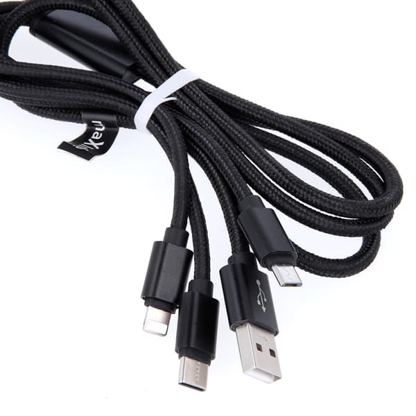 Maxlife 3i1-kabel USB - Lightning + USB-C + microUSB 1,0 m 2,1A svart nylon