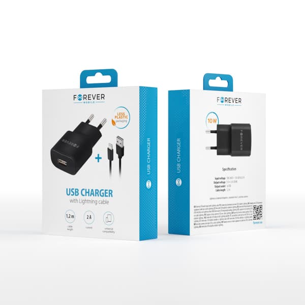 Forever TC-01 laddare 1x USB 2A svart + Lightning-kabel svart