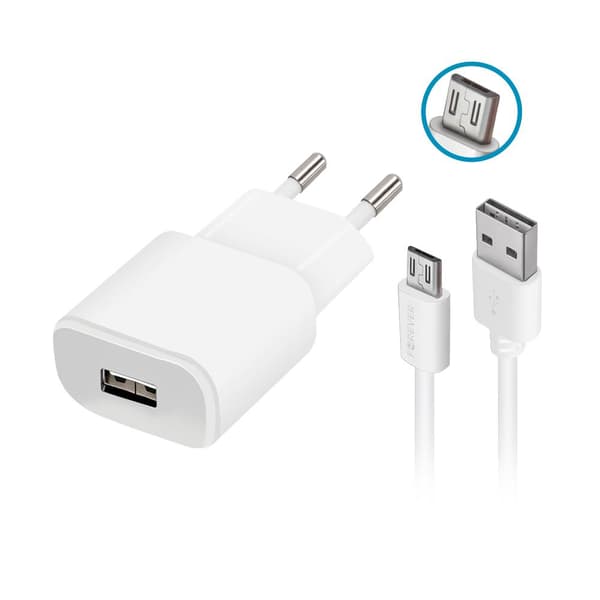 Forever TC-01 laddare 1x USB 2A vit + microUSB-kabel