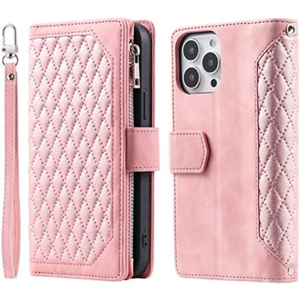 Long Lanyard läder fodral för iphone 14 plus med 7 kortplatser rosa rosa