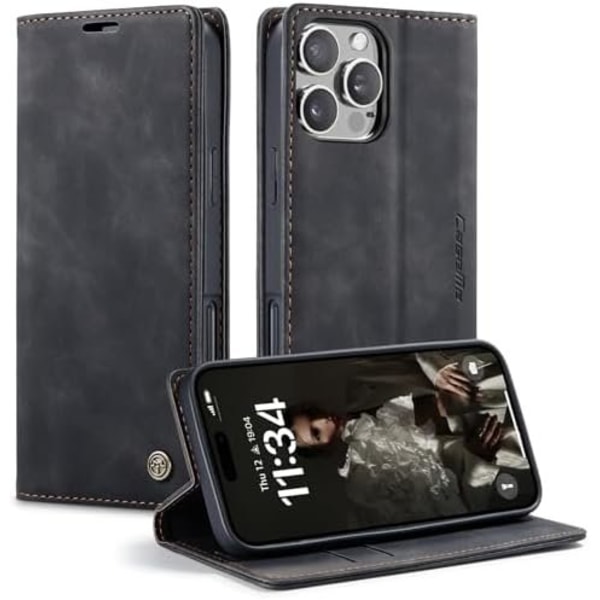 CaseMe 0013 Læder Wallet Case til iPhone 16 plus mørk black