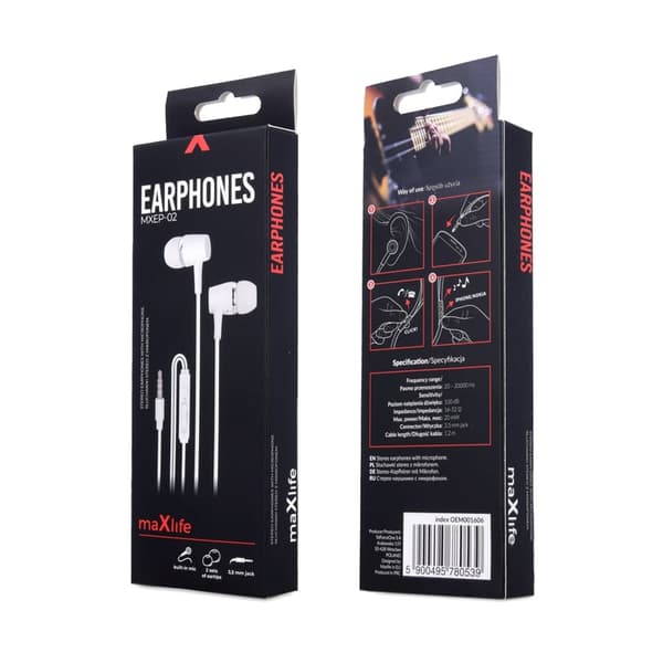 Maxlife trådbundna hörlurar MXEP-02 jack 3,5mm vit