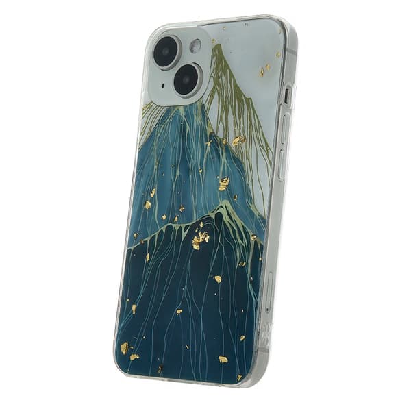 Guld Glam skal för iPhone 15 mountain
