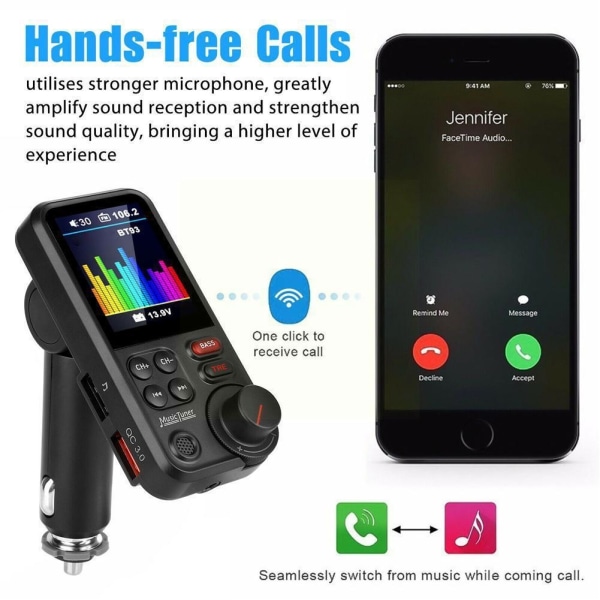 1,8" färgskärm Bluetooth-FMsändare med stark mikrofon