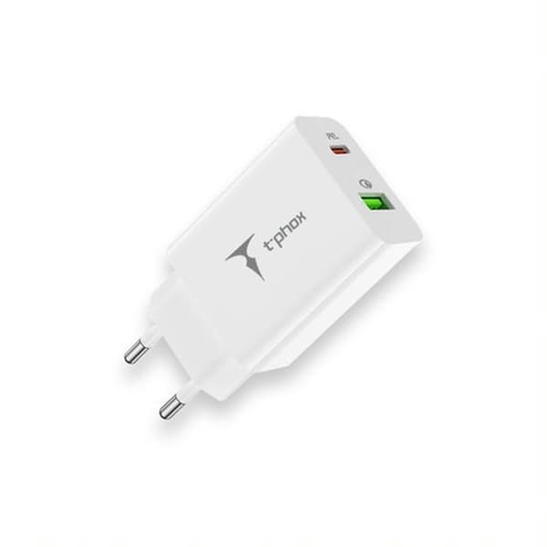 VÄGGLADDARE T-PHOX SPEEDY USB-C 20W + USB 18W QC 3 0 vit vit