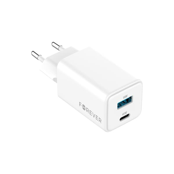 Forever TC-08-45AC GaN PD QC-laddare 1x USB-C 1x USB 45W vit vit