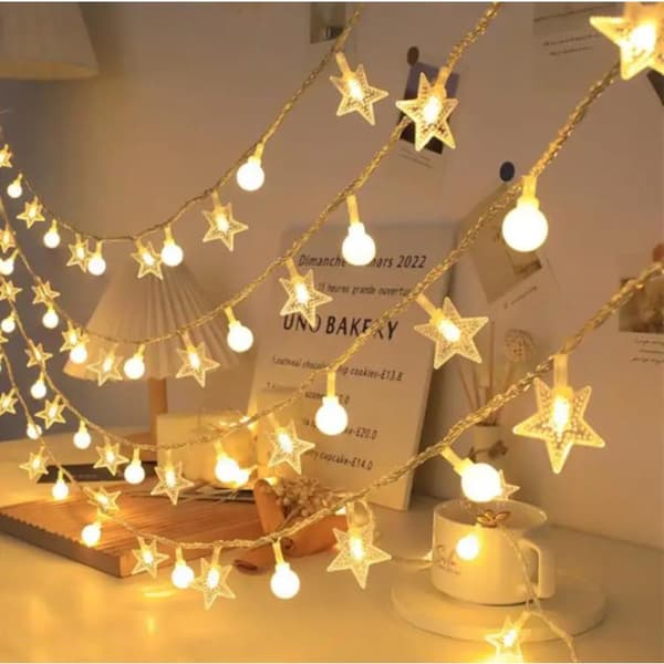 LED-LJUSSLINGA 10M (80 LED-LAMPOR) USB STJÄRNOR + BOLLAR VARMVIT