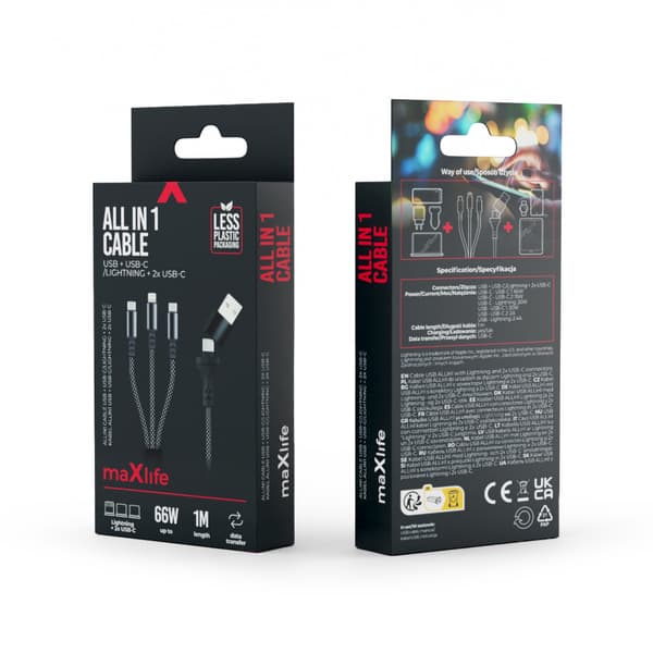 Maxlife ALLin1-kabel USB + USB-C - Lightning + 2x USB-C 1,0 m 66W svart svart