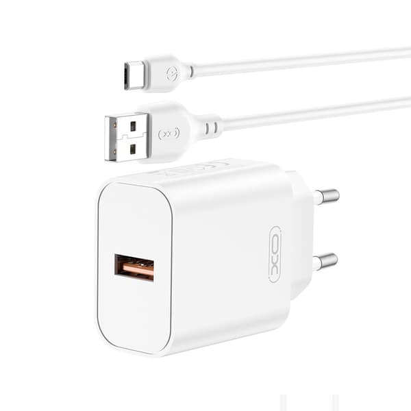 XO väggladdare CE33 QC 18W 1x USB vit + kabel USB-C vit
