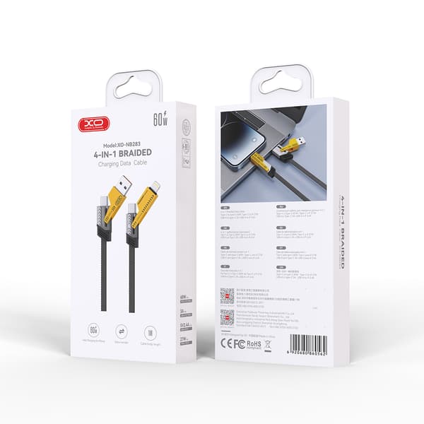 XO-kabel NB283 4-i-1 USB-C - Lightning + USB - USB-C 60W 1,0m grå