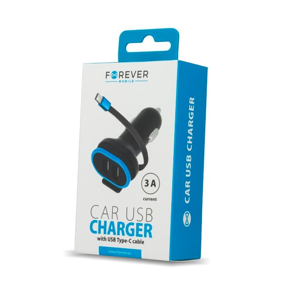 Forever CC-02 billaddare 2x USB 3A svart med USB-C-kabel 0,2 m svart