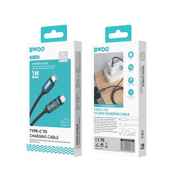 BWOO USB-C Lightning-kabel 1m 27W med LED-display, flätad, svart