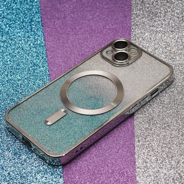 Glitter Chrome Mag-fodral för iPhone 15 silvergradient transparent