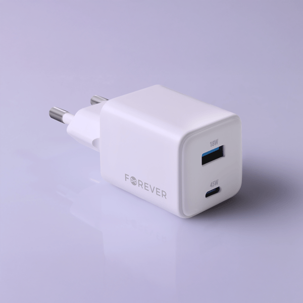 Forever TC-08-45AC GaN PD QC-laddare 1x USB-C 1x USB 45W vit vit