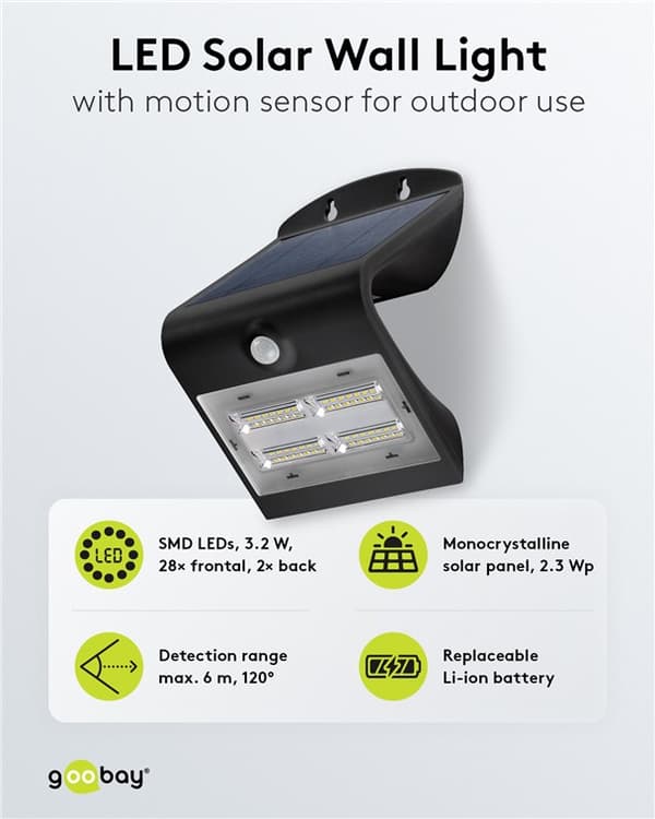 Goobay Pro LED solcellsvägglampa med rörelsesensor 3,2 W