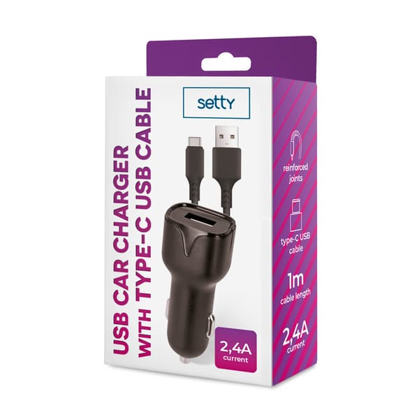 Setty billaddare 1x USB 2,4A svart + USB-C kabel 1,0 m svart