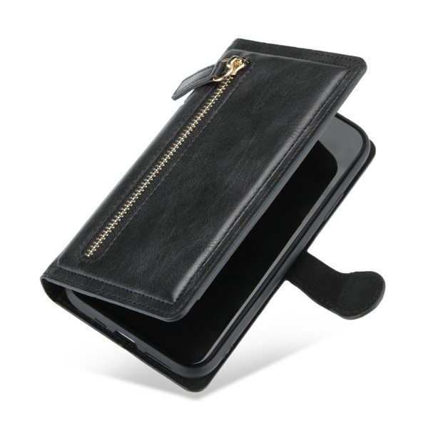 Lyxigt läderfodral med blixtlås för iphone 14 pro max svart svart