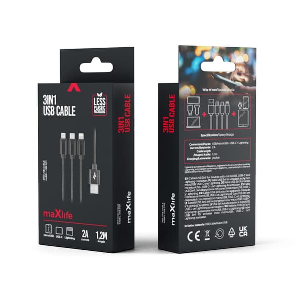 Maxlife 3i1-kabel USB - Lightning + USB-C + microUSB 1,0 m 2,1A svart nylon svart