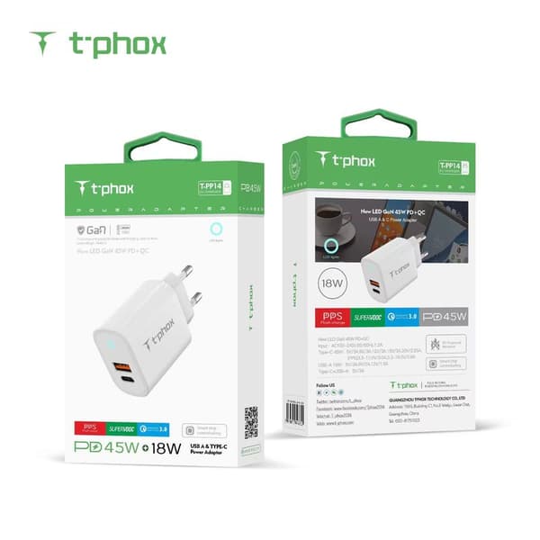 VÄGGLADDARE T-PHOX GLORY 45W USB/USB-C VIT