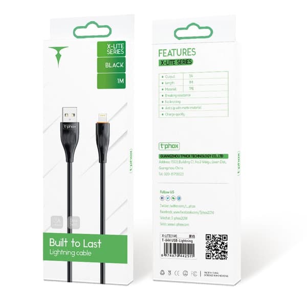 T-PHOX kabel X-LITE LIGHTNING svart 1M 3A svart