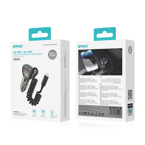 BWOO CC96L 30W PD billaddare 1x USB-C 1x USB-port med lightningkabel grå