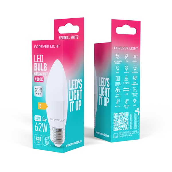 Forever Light LED-lampa E27 C37 7,2W 840lm 4000K klass E