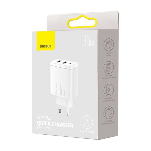 Baseus Wall Charger PD 30W - 1x USB-C, 2x USB-A, White