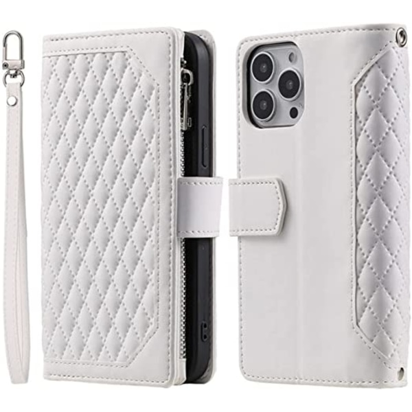 Long Lanyard läder fodral för iphone 14 plus med 7 kortplatser vit vit