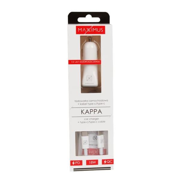 CAR CHARGER MX KAPPA 18W PD+QC, USB-A+C+ C/C CABLE 20W PD, WHITE