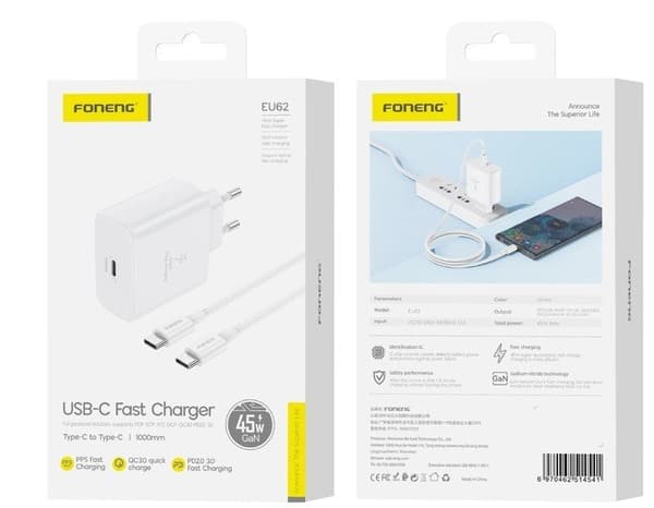 45W batteriladdare + med kabel – Vit vit