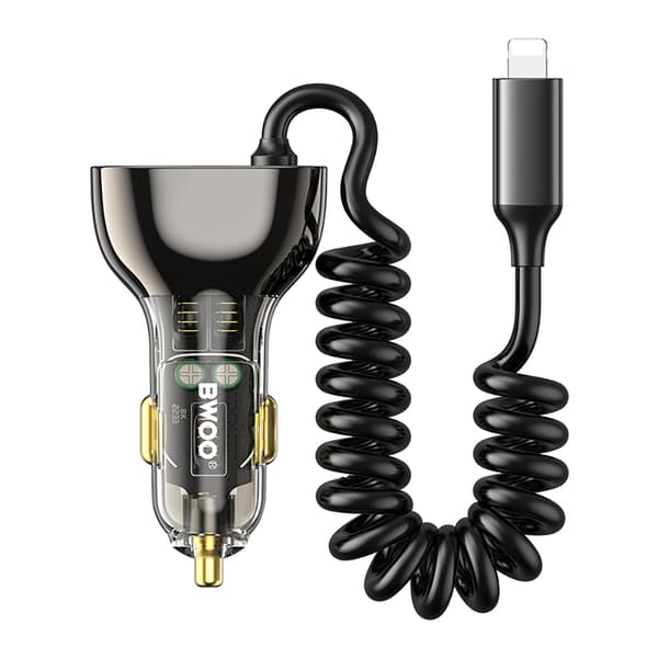 BWOO CC96L 30W PD billaddare 1x USB-C 1x USB-port med lightningkabel grå
