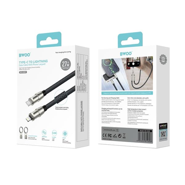 BWOO Lanyard-kabel USB-C - Lightning 0,3m 27W med rem