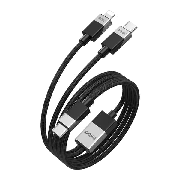 BWOO Flätad 2-i-1-kabel USB-C - USB-C och Lightning 1m 100W / 27W svart svart