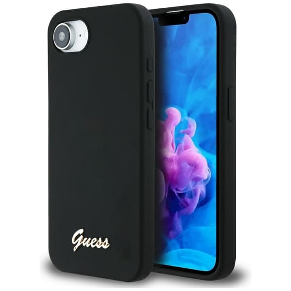 Guess HC Silicone Script Metal Logo fodral för iPhone 16e svart svart