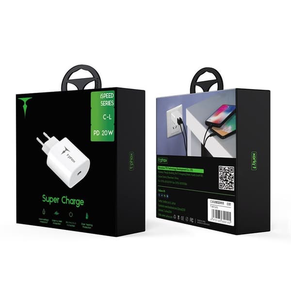 VÄGGLADDARE T-PHOX ISPEED 20W USB-C/LIGHTNING-KABEL VIT