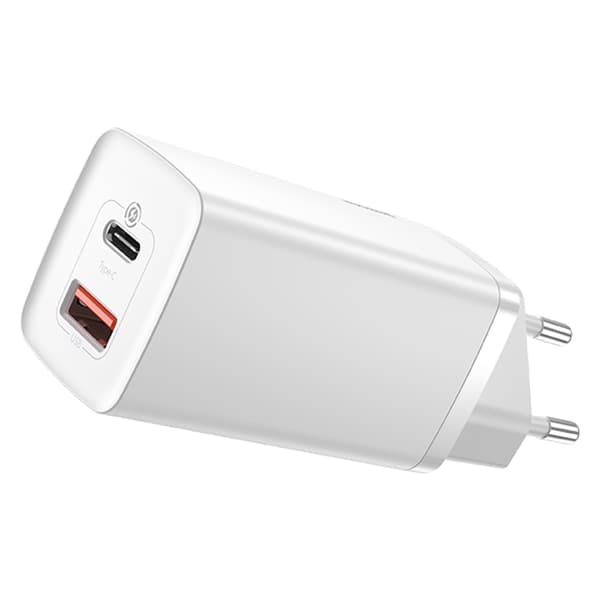 Baseus väggladdare GaN2 Lite PD 65W 1x USB-C 1x USB vit vit