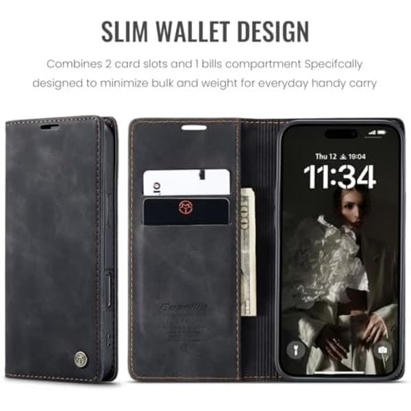 CaseMe 0013 Læder Wallet Case til iPhone 16 plus mørk black