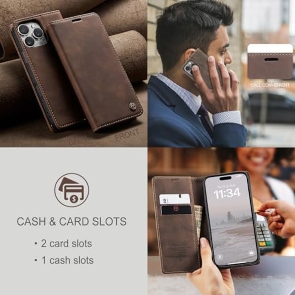 CaseMe 0013 Læder Wallet Case til iPhone 16 pro max mørkebrun brown