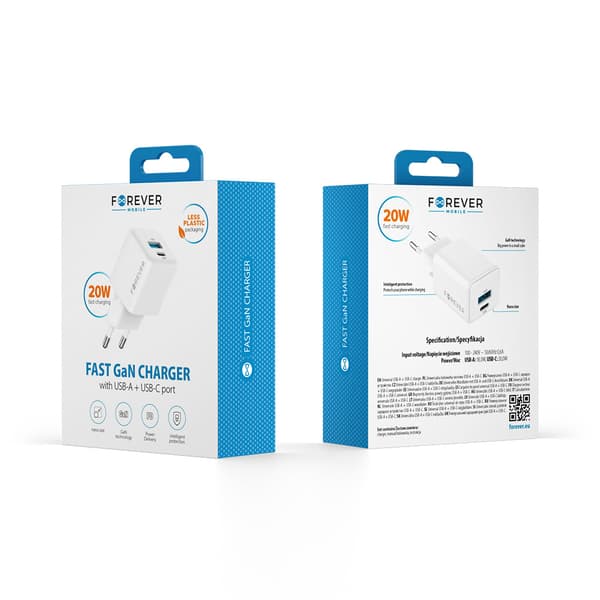 Forever TC-08-20AC GaN PD QC-laddare 1x USB-C 1x USB 20W vit vit