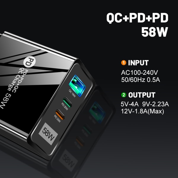 58W USB C Väggladdare 3-Port GaN PD Snabbladdning Dubbel USB-C svart svart