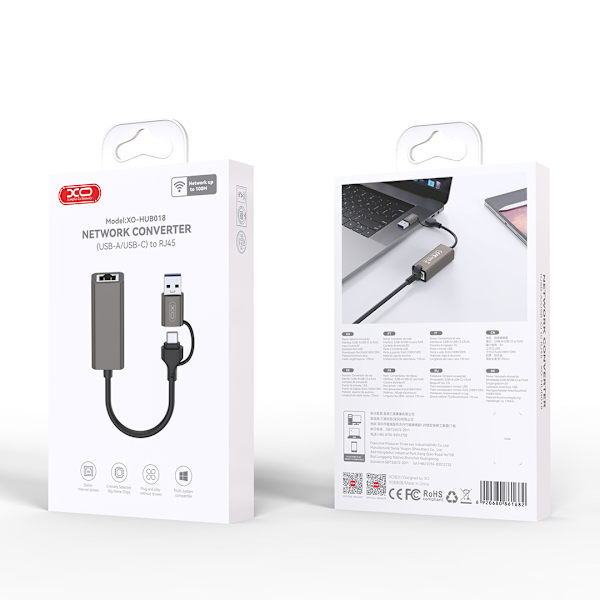 XO-adapter HUB HUB018 2-i-1 USB-USB-C - RJ45 grå