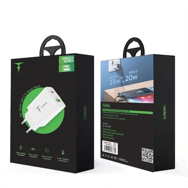 VÄGGLADDARE T-PHOX SPEEDY USB-C 20W + USB 18W QC 3 0 vit vit