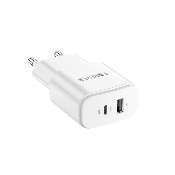 Forever TC-01-20AC PD QC laddare 1x USB-C 1x USB 20W vit
