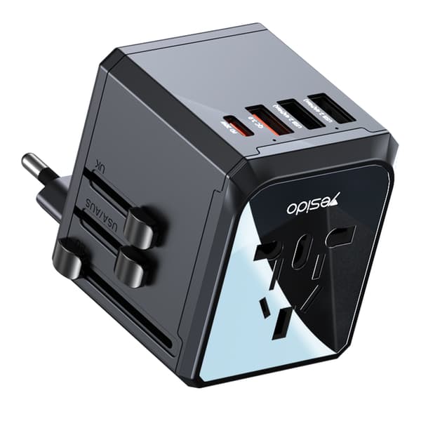YESIDO MC24UNIOVERSAL ADAPTER UK/EU/US/AUX MAX 8A (3xUSB + USB-C) SVART